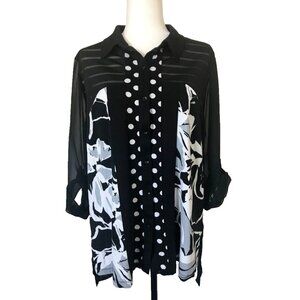 NWT DOLCEZZA Button Up Tunic Top Blouse Size Large Black Gray White Sheer Back